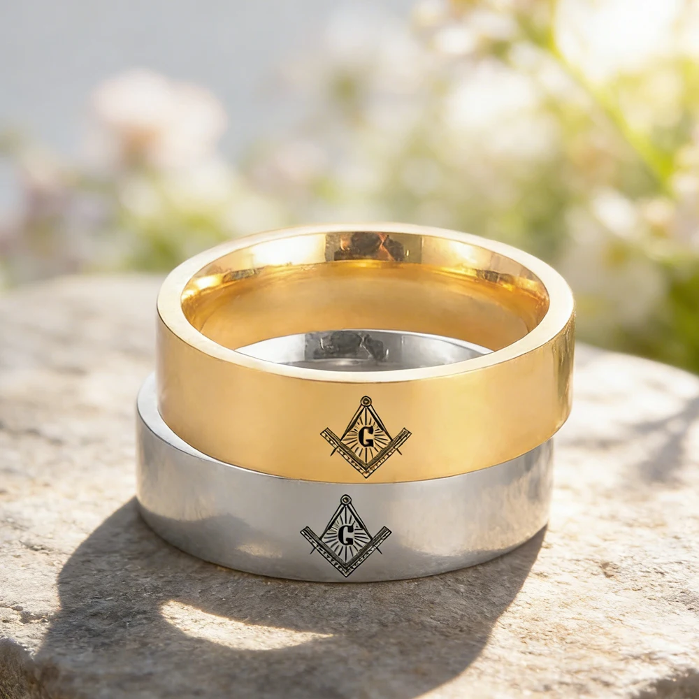 Dawapara 8mm Freimaurer-Symbolring mit Lasergravur, Edelstahlring, Jubiläums-Ehering, Punk-Schmuck