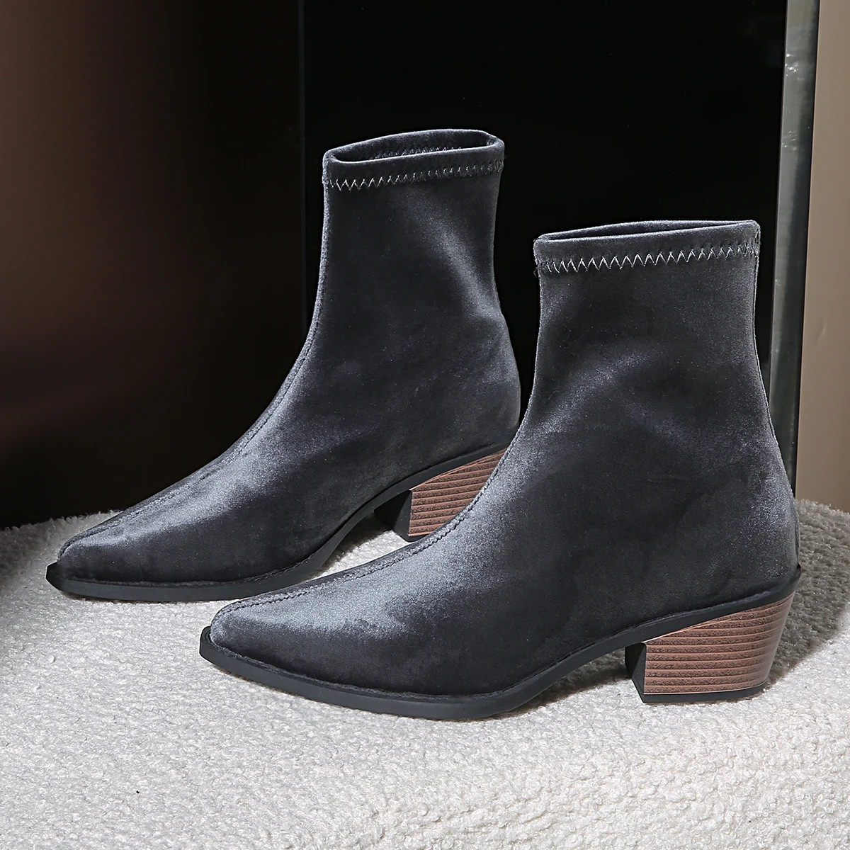 Aphixta Classic Ladies Stretch Boots Pointed Toe Wood Heels Concise Women Ankle Boots Botines Shoes For Woman Boats High Heels