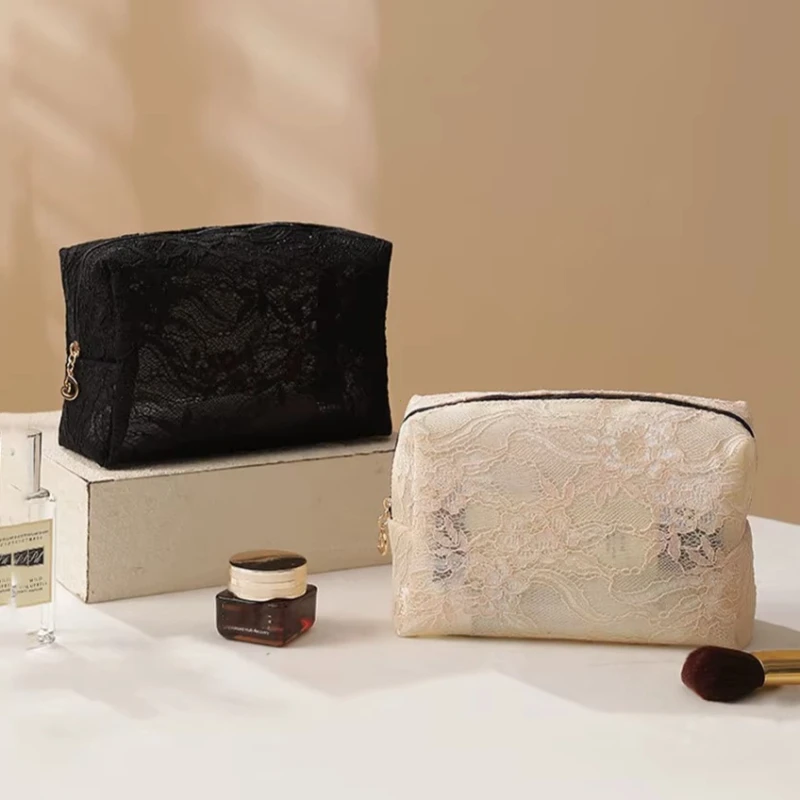 Lace Mesh Women's Makeup Bag Large Capacity Cosmetic and Jewelry Organizer Bag Zipper Square Portable Toiletry Bag Makeup Case