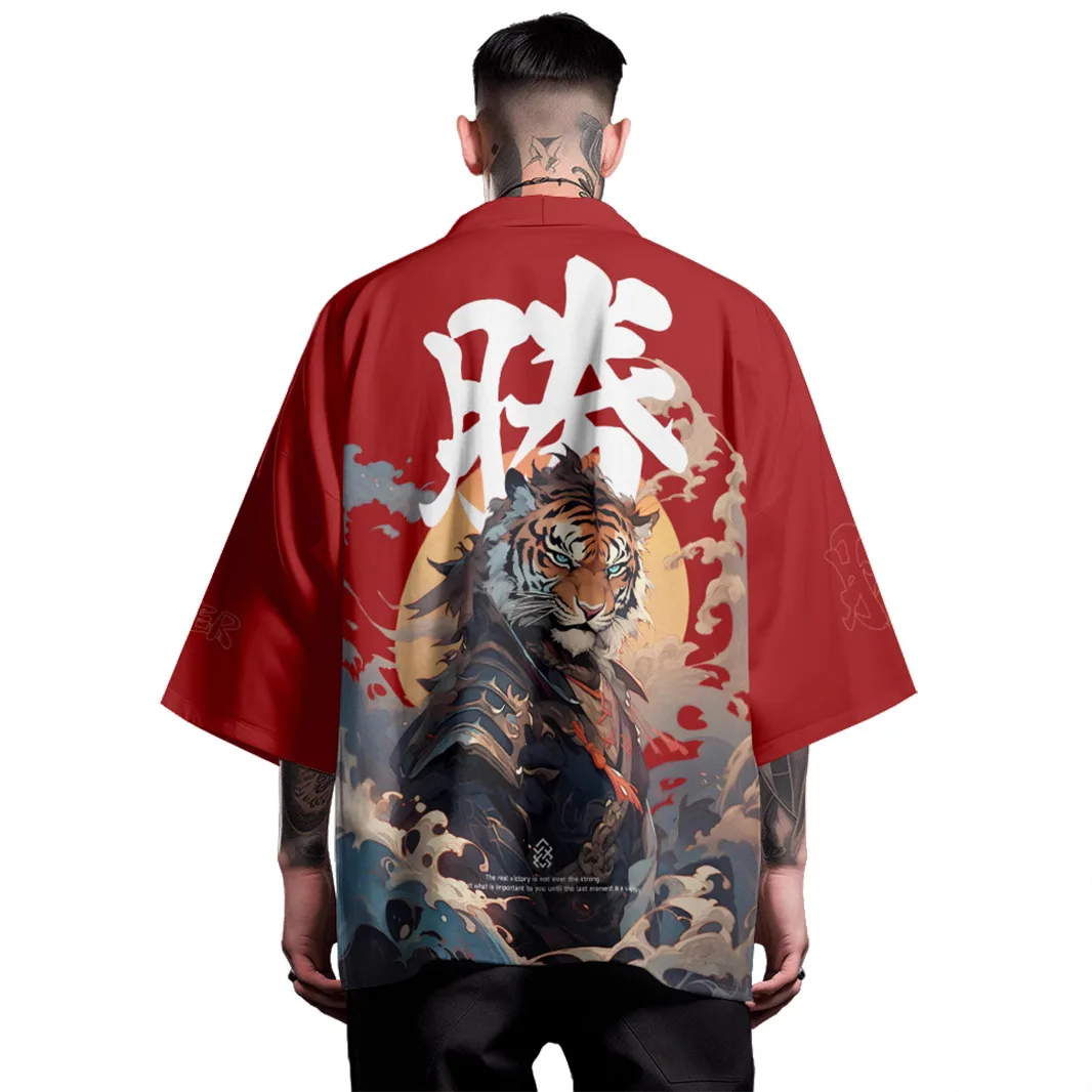 Japanese Tiger Samurai Print Black Red Kimono Cardigan Cosplay Shirt Blouse for Women Men Yukata Beach Haori Traditional Top