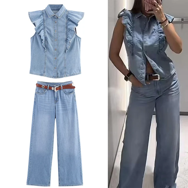 Women 2 Pieces Denim Pants Sets 2025 New Fashion Denim Vest Top Belt Trousers Women's Suit Casual Two Piece Woman Outfits 1