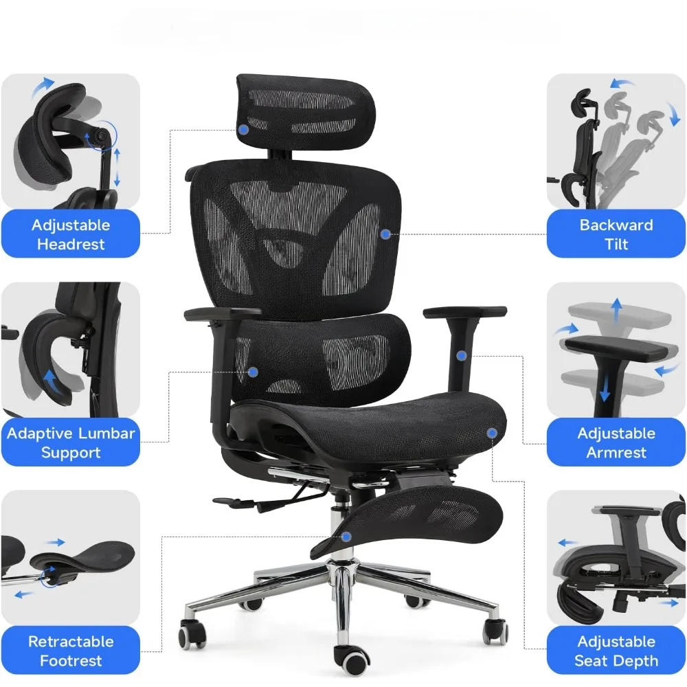 Ergonomic Mesh Office Chair with Foot Rest, Big and Tall Desk Computer Chair Adjustable Headrest and Armrest,  Capacity Reclin 3