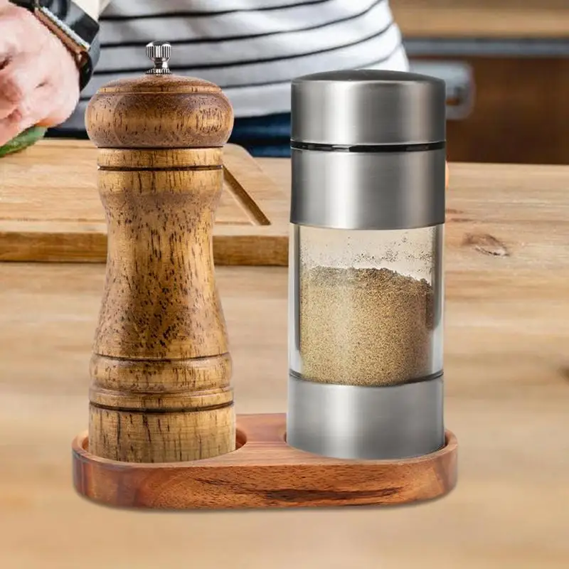 

Wooden Salt And Pepper Grinder Stand Pepper Mill Tray Bamboo Salt Pepper Shaker Organizer Home Decoration Kitchen Accessories