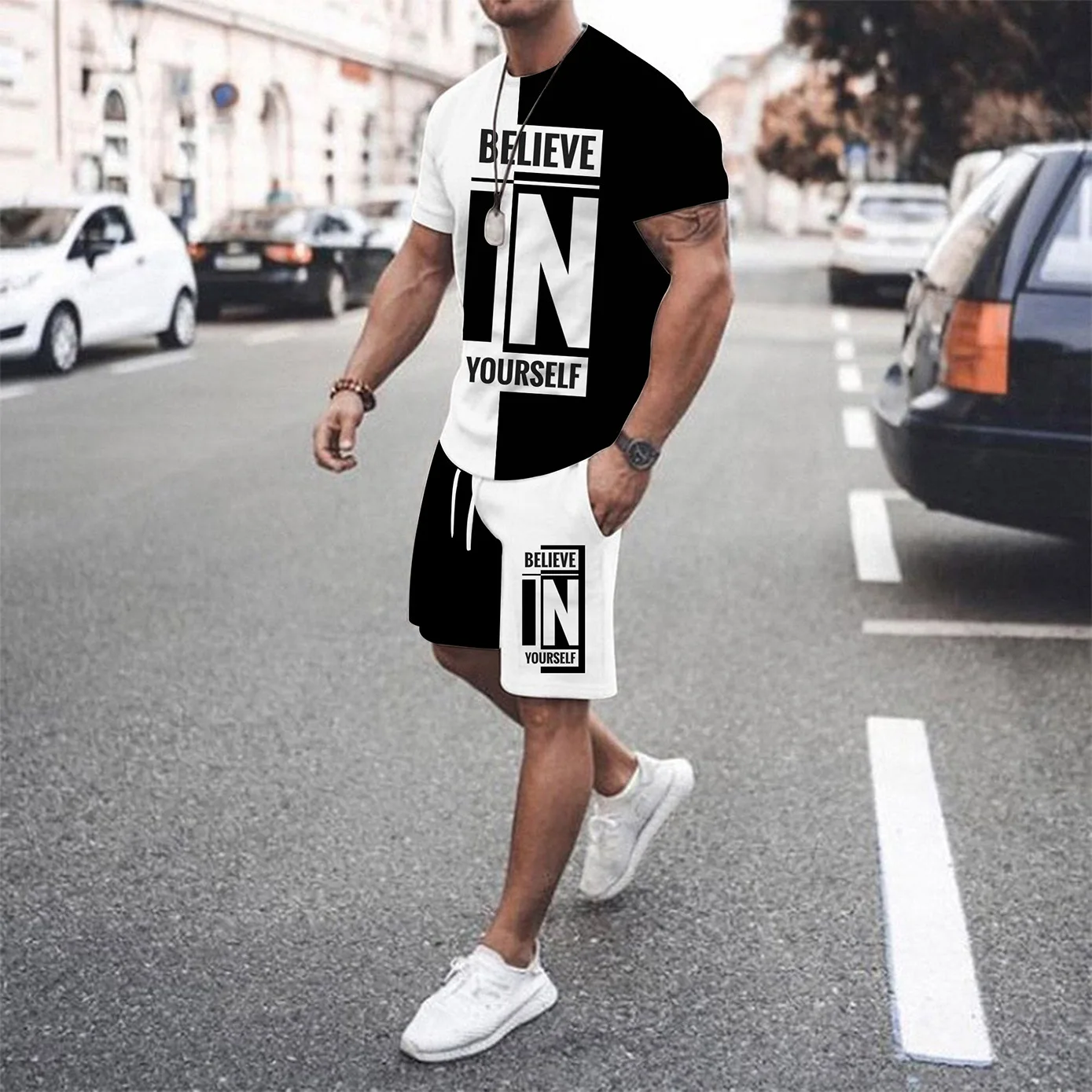 Summer Cool Believe In Yourself Men's Short-sleeved Tshirts Shorts Suit Beach Tracksuit 2 Piece Set Outfit Set Casual Breathable