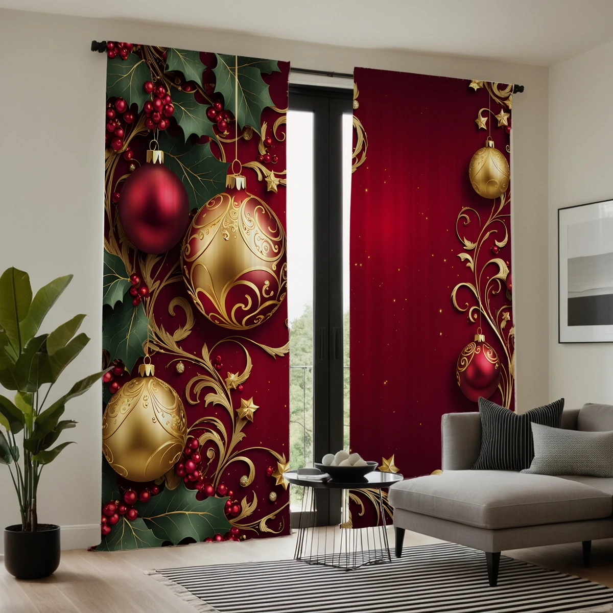 2pcs HD Christmas drop ball Holly berry decorative curtain Red green tie digital printed curtain Home decoration style decora 4