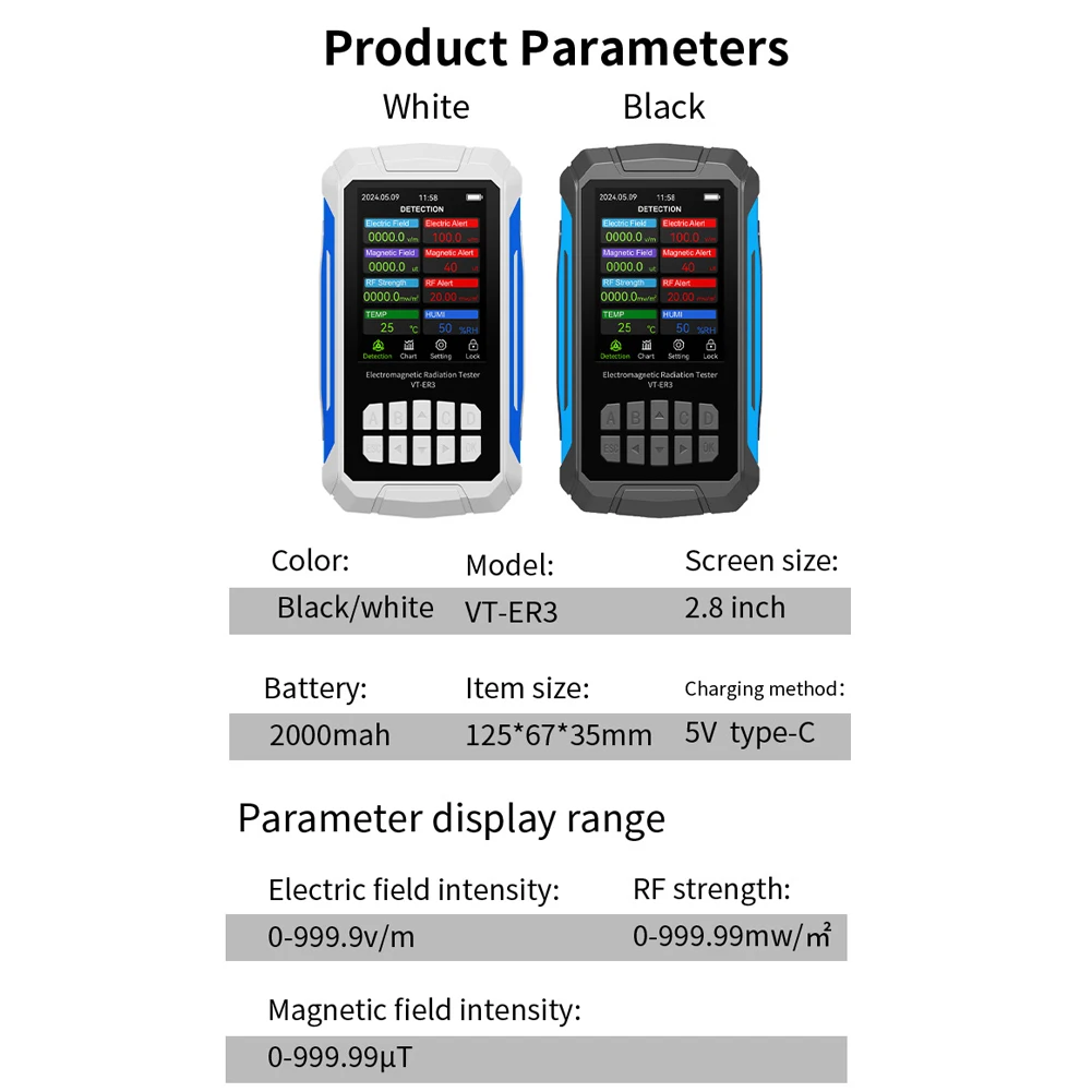 VT-ER3 2.8" TFT 5-in-1 Electromagnetic Radiation Detector for RF/Electric/Magnetic Field Strength, Temperature & Humidity