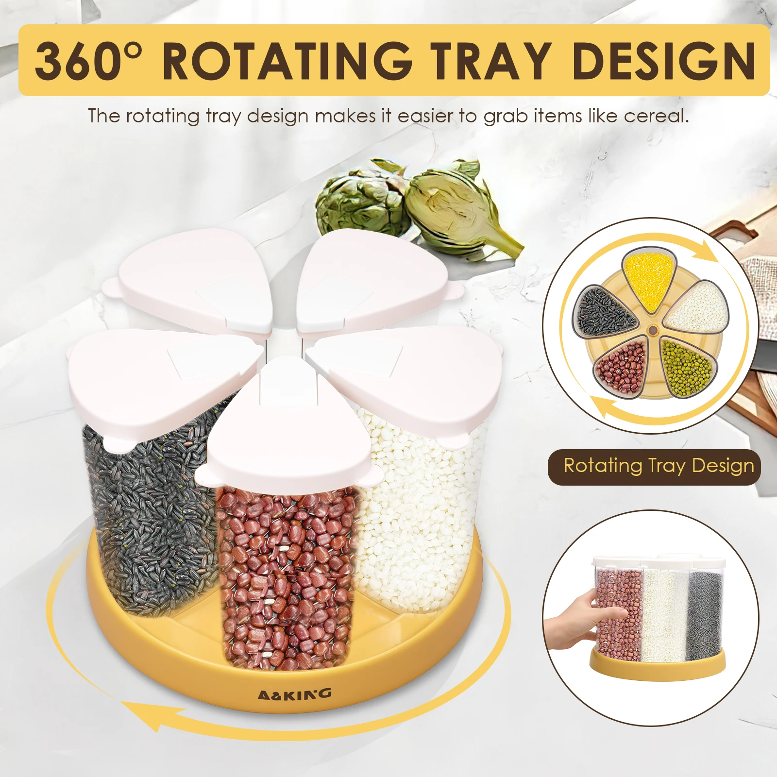 5 Grid Food Grain Storage Container Plastic Kitchen Storage Containers with 360 ° Rotating Base Transparent Grain Rice Dispenser