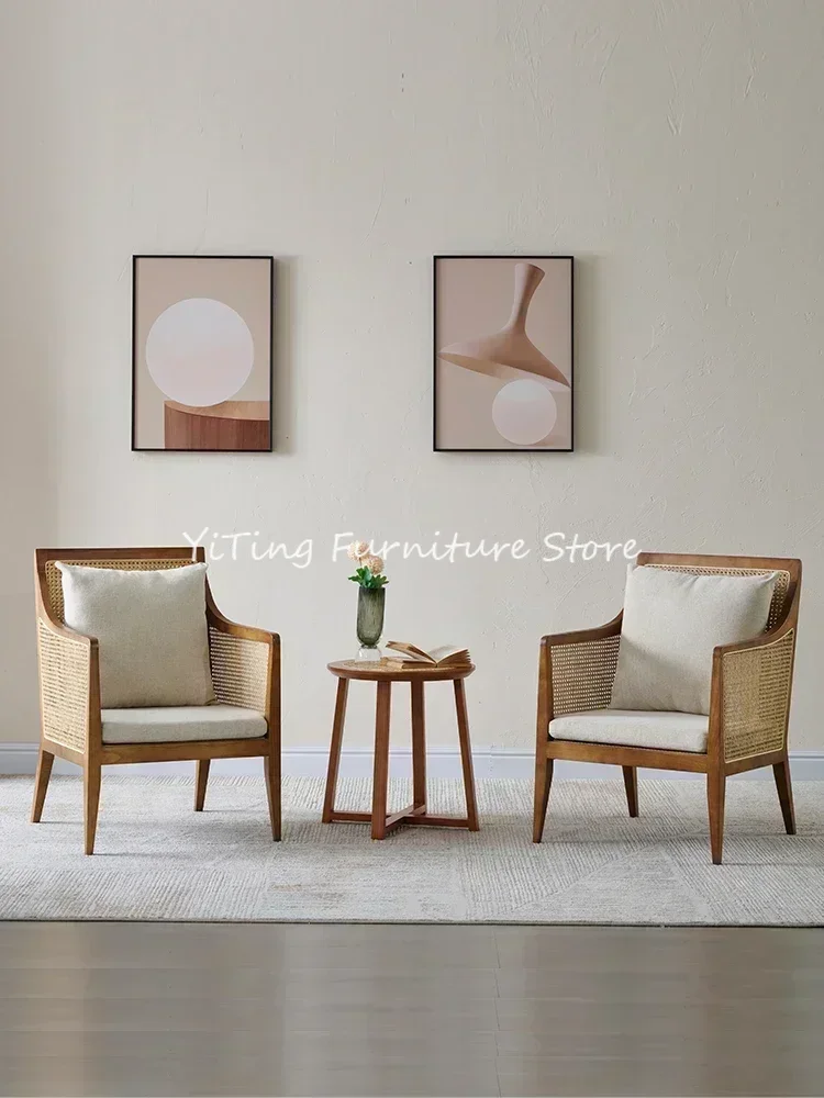 Balcony sofa chair Hotel guest single chair Nordic rattan woven backrest chair Solid wood adult leisure Living Room Furniture