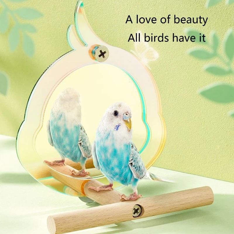 Parrot Mirror with Perch Stands Birds Stand Pole Natural Wooden Grinding Branch Paw Climbing Standing