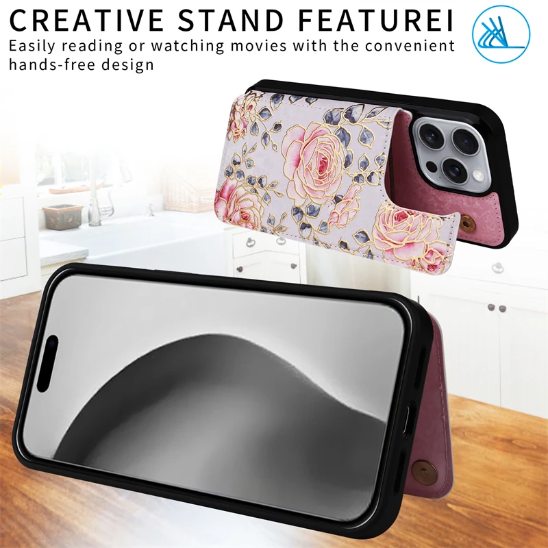 Elegant Flower Design Leather Wallet Card Holder Phone Case with Double Buckle Closure