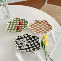 INS Checkerboard Ceramic Plate Jewelry StoragePlate DessertPlate Dessert plate Home Decoration Retro DinnerPlate Tableware 1