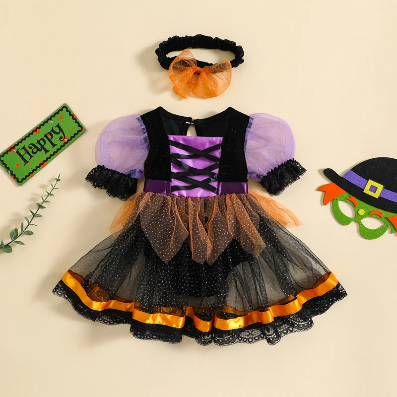Baby Girl Dress Newborn Baby Girl Halloween Witch Costume Outfit Puff Sleeve Tulle Patchwork Romper Dress with Headband Halloween Clothes girls dress baby jumpsuit baby girl dress