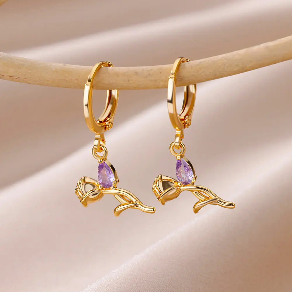 Purple Zircon Rse Flower Earrings For Women