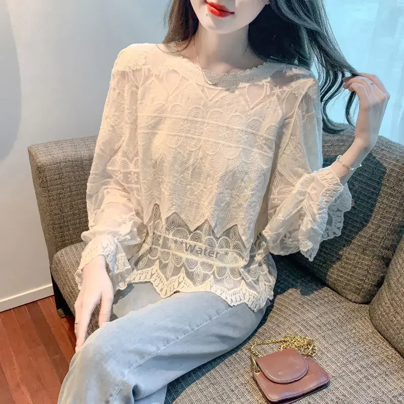 여성용 긴팔 쉬폰 탑, 레이스 에지 베이스레이어 이너, 스타일리시 작은 셔츠, 용수철 가을 신상