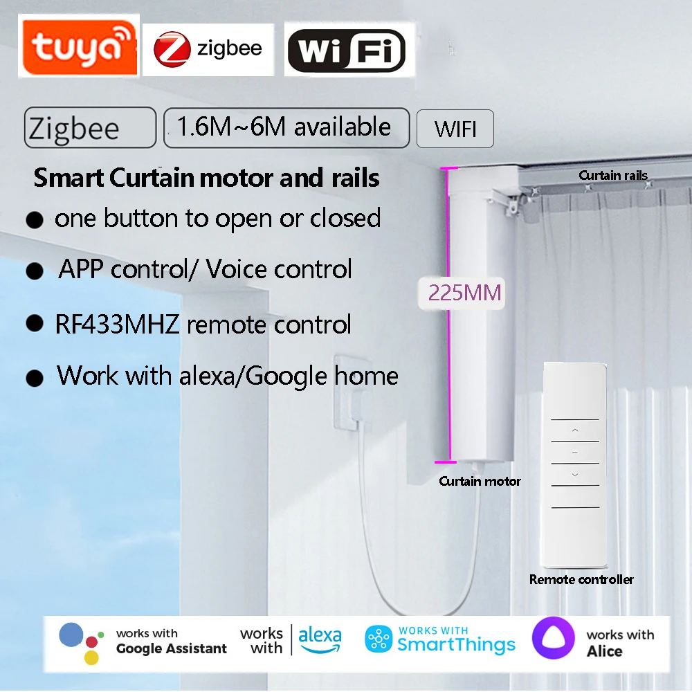 มอเตอร์ม่านอัตโนมัติอัจฉริยะระบบรางไฟฟ้า Tuya Wifi Zigbee รองรับ Alexa, Google Assistant และ Alice 1
