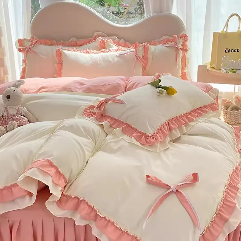 

Комплект постельного белья в Корейском стиле принцессы, однотонное двойное постельное белье с сердечками для девушек, промытое хлопковое покрывало с оборками, юбка, простыня, стеганое одеяло