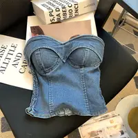 Haut court en denim sans bretelles pour femme, couleur rétro, tendance, épicé, été 2024, nouveau, doux et cool, asymétrique, nombril 1