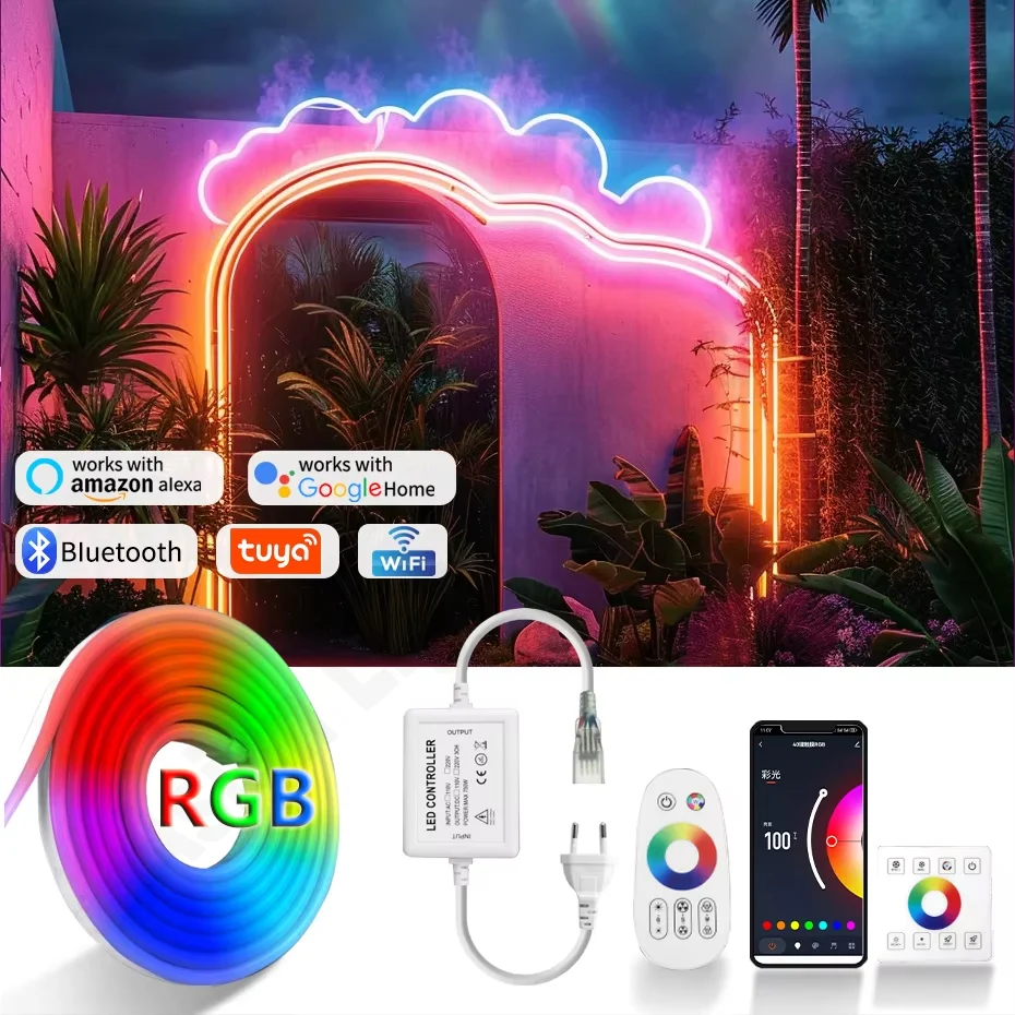 สมาร์ทกลางแจ้งไฟนีออน AC220V RGB LED Strip IP65 กันน้ํา 1-100M Tuya APP/รีโมทคอนโทรลไร้สาย RF ยืดหยุ่นเชือกแสง 1