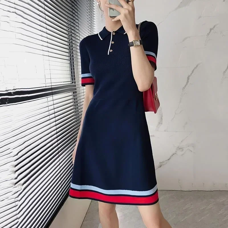 Abiti in maglia con colletto polo per donna Estate manica corta Slim elegante abito da festa Casual Chic coreano Stripe Vestido Feminino Nuovo - immagine 3