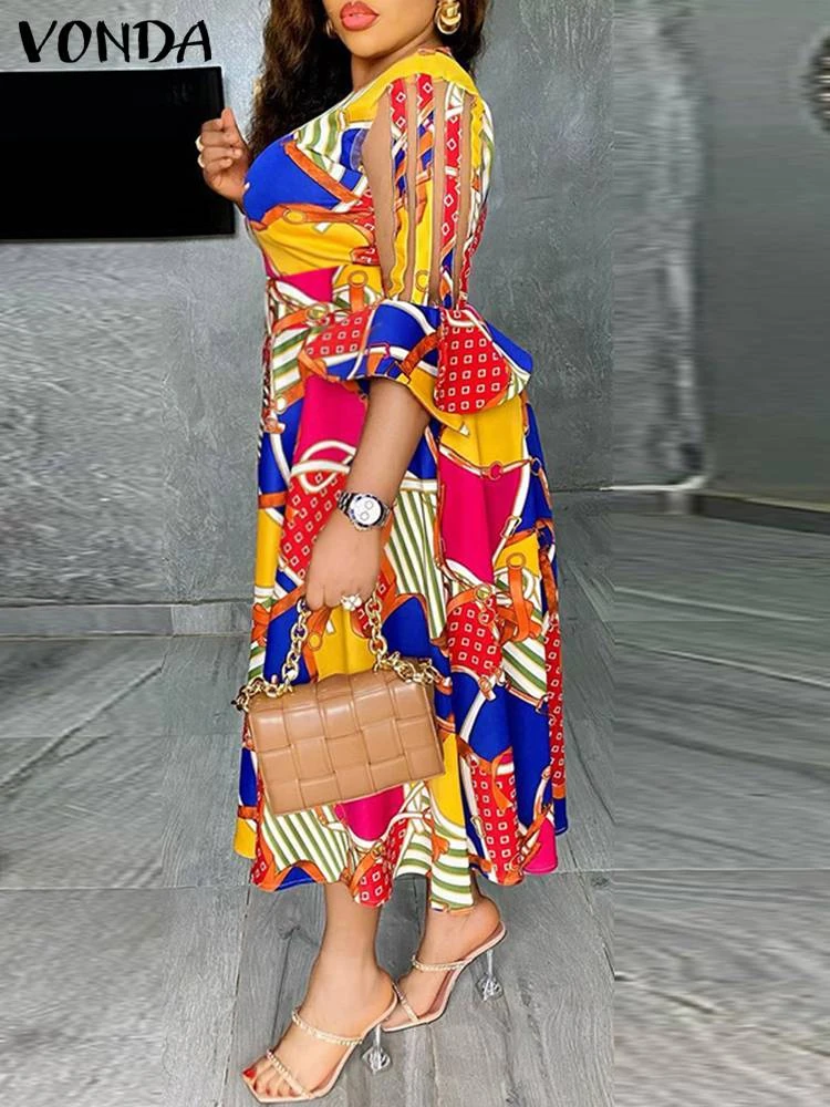 VONDA 2022 Maxi Dress Women Vintage Summer Sundress Bohemian Printed