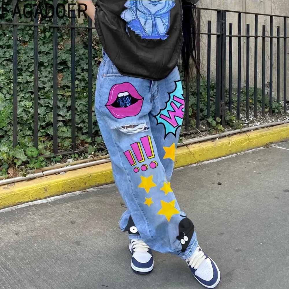 

FAGADOER Women Casual Baggy Jeans Pants Hip Hop Joggers Street Wide Leg Pants Y2k Graphic Print Denim Trousers 2023 Pantalones