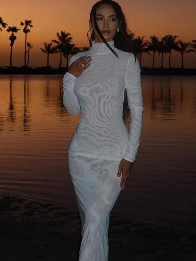 Wmstar Dress Women Wholesale Elegant Sexy Backpack Butt Skirt Stand Up Collar Long Sleeved Solid Color Slender Long Dress 2025