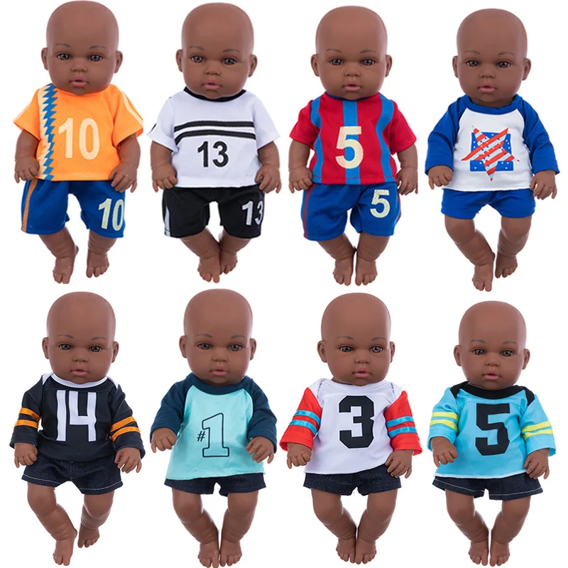 11 Inch African Black Doll American Reborn Baby Doll Boy with Football Clothes Bald Head Simulation Soothing Dolls Girls Gifts
