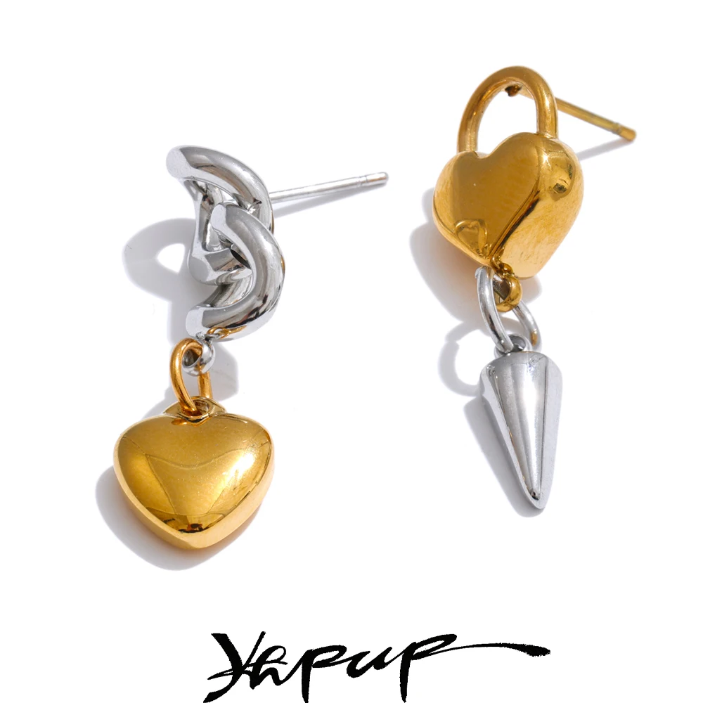 Yhpup Asymmetrical Heart Lock Chain Drop Dangle Earrings Women