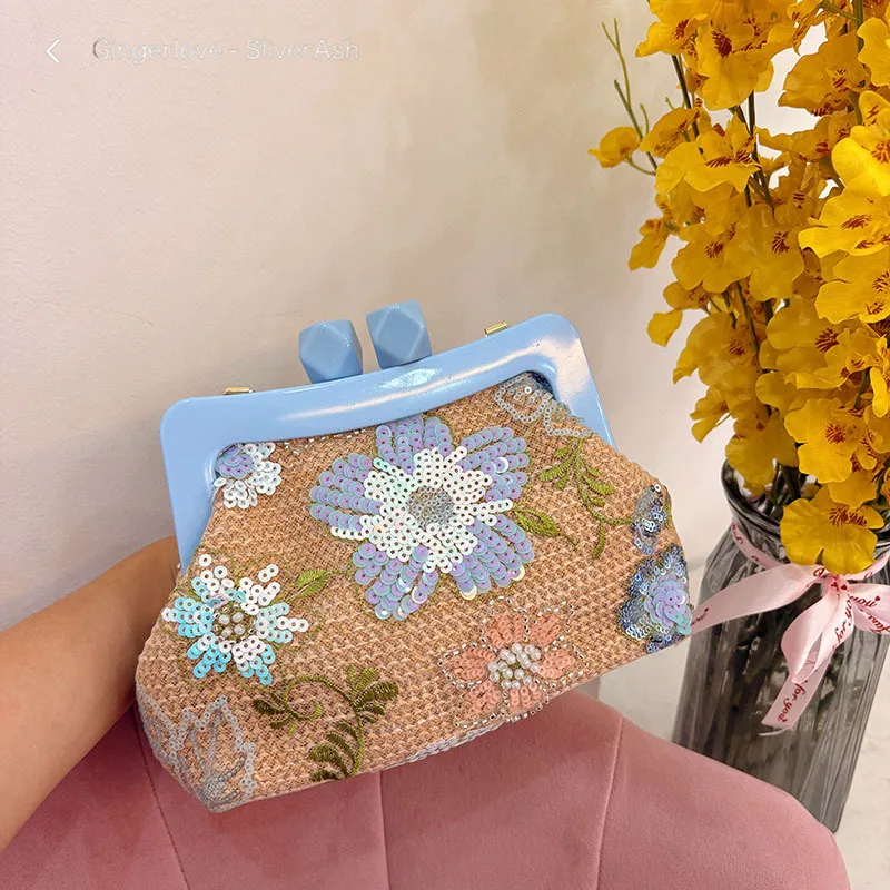 Women Embroiry Evening Sequins Handbag Vintage Flower Straw Beach Handbag Weaving Satchel Bag Ladies Summer Daily Bag