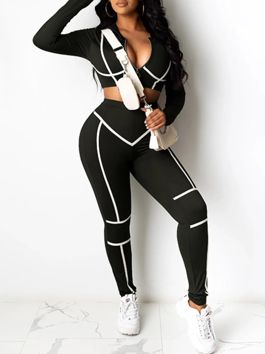 LW women clothing 2 Piece Sets Women Tracksuit Long Sleeve Zipper Crop Top + Striped Skinny Pants Set women Matching Suit Outfit