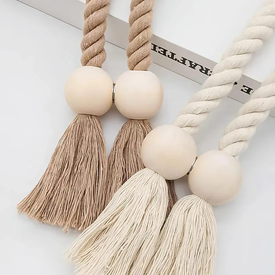 Hand-woven solid wood magnetic knot curtain tiebacks with Boho style, suitable for living room and bedroom home decoration.
