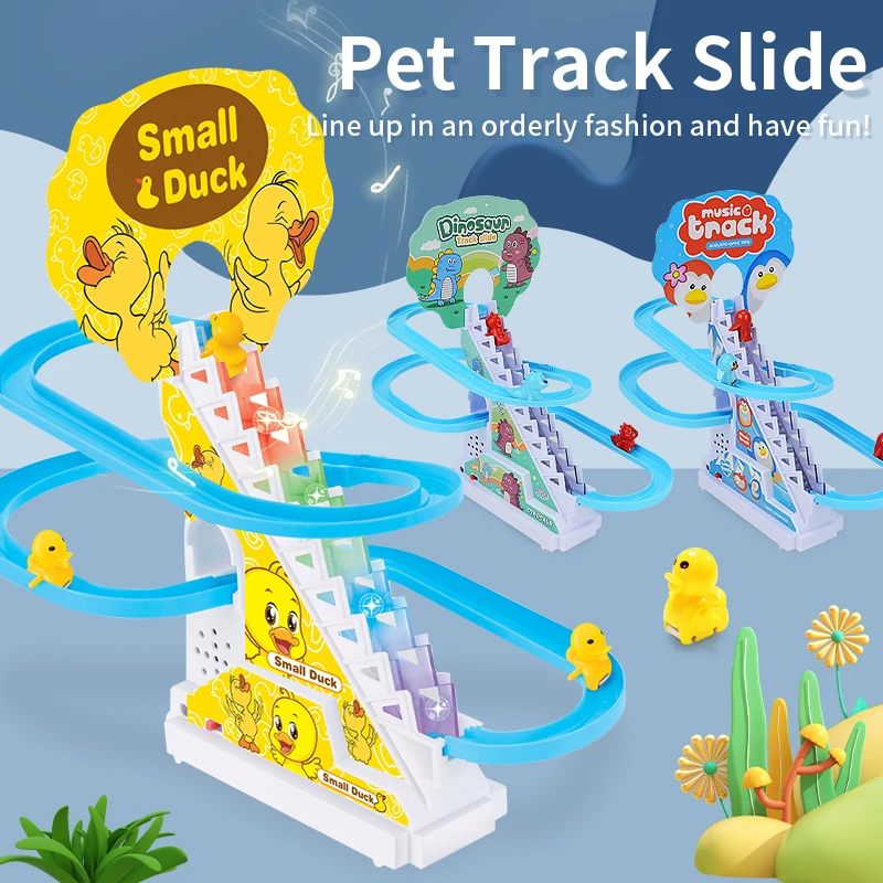 Electric Driving Toy Climbing Stairs Track Toys Electric Duck DIY Rail Racing Track Roller Coaster Toys Set Light Music Educational Toy For Kids Gift