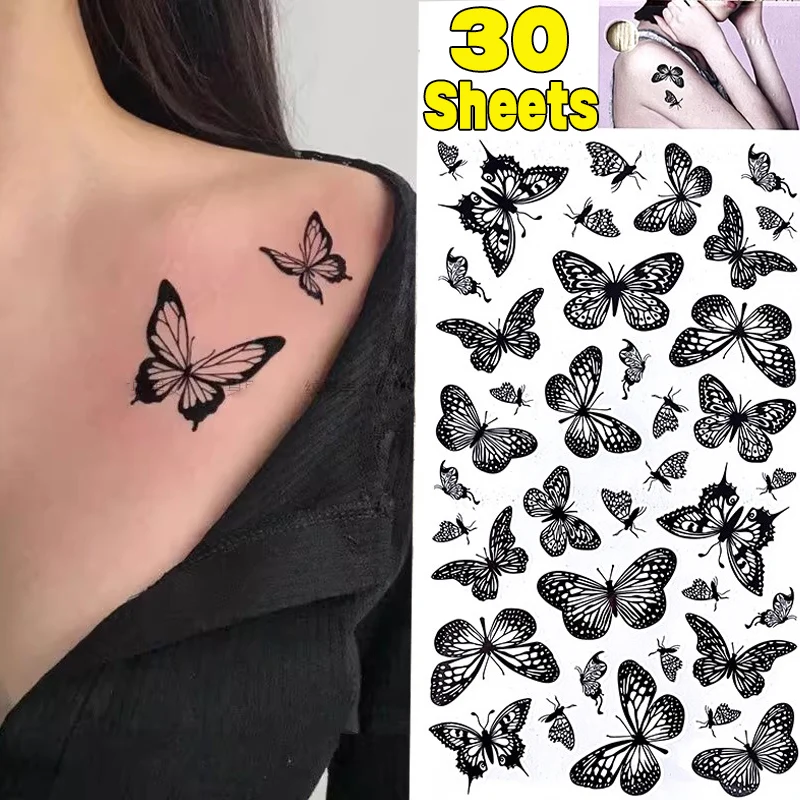30 fogli di tatuaggi temporanei con farfalla nera per donne, adesivi per tatuaggi impermeabili, adatti per tatuaggi finti realistici per il corpo del braccio