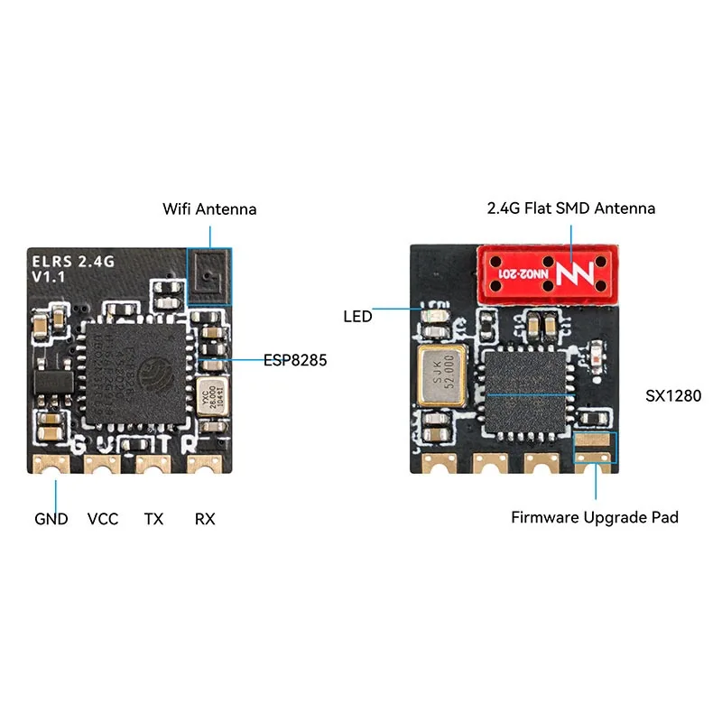 Vue de dessus de l'antenne plate ELRS 2.4G blanche, surface lisse et logo, conçue pour réception optimale des signaux.