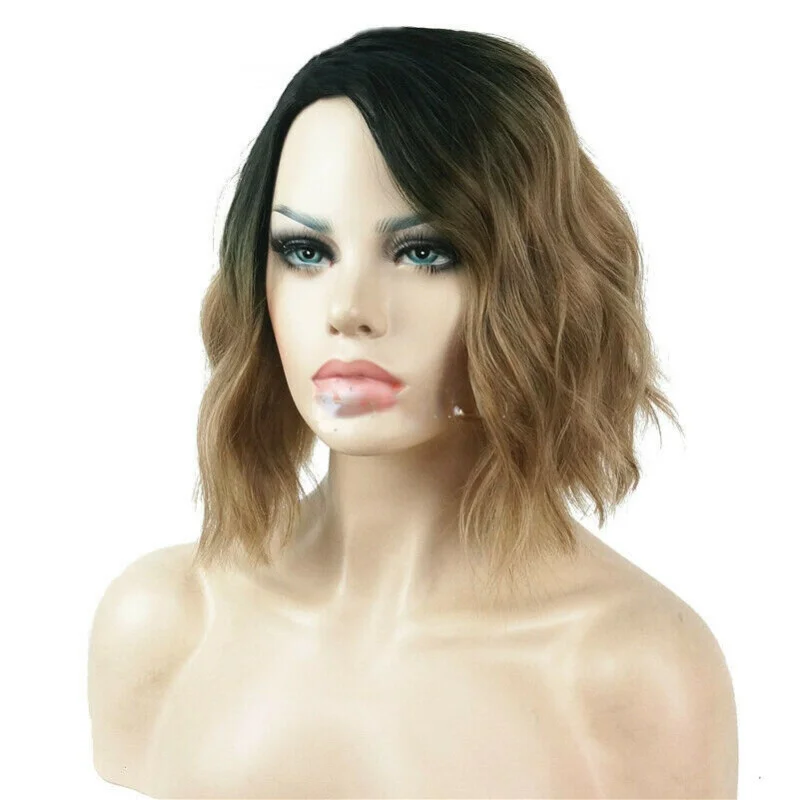 여성 가발 짧은 웨이브 곱슬 머리 가발 앞머리 숙녀 그라데이션 헤어 가발 + 가발 모자