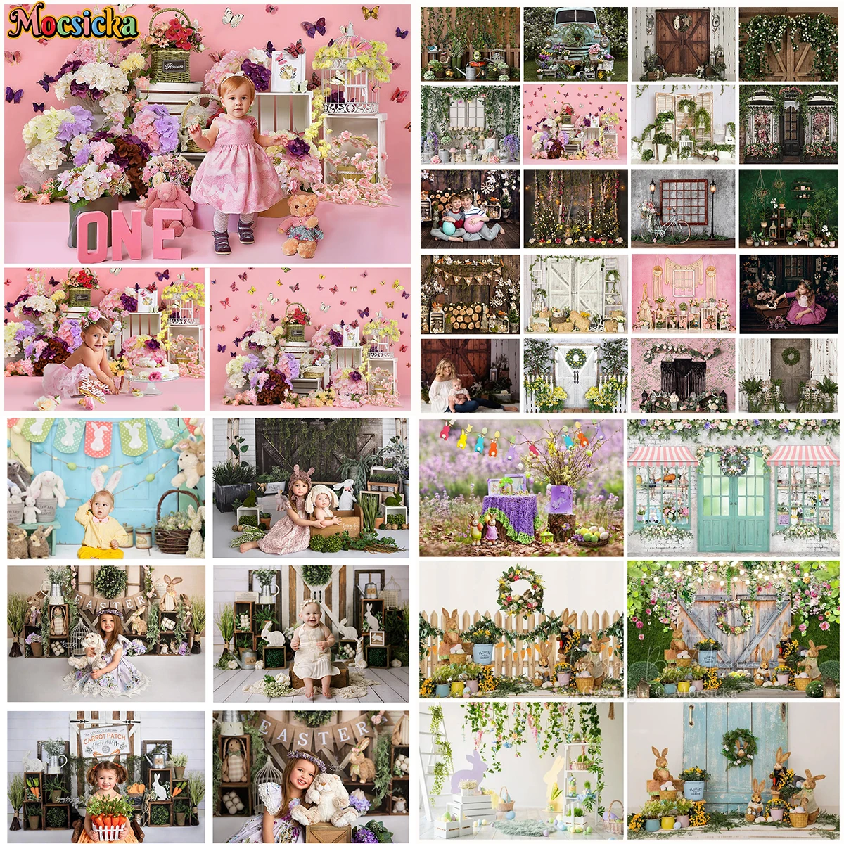 

Spring Children Birthday Party Easter Photography Backdrop Portrait Bunny Flowers Wooden Doors Carrot Background Studio Banner