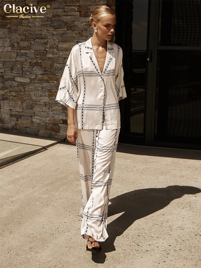 Clacive Elegant Loose Print 2 Piece Sets Women Outfit Casual Long Sleeve Shirt With High Waist Wide Pants Set Female Homewear