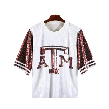 Summer New Letter Fashion Streetwear Loose T-Shirt Sequins Hip Hop Straight Short Sleeve Round Neck Women's Tops 1