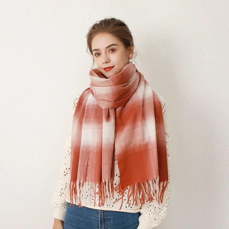 Europe Gradient Plaid Scarves Acrylic Cashmere Tassel Scarf Female Soft Warm Shawl Long Muffler