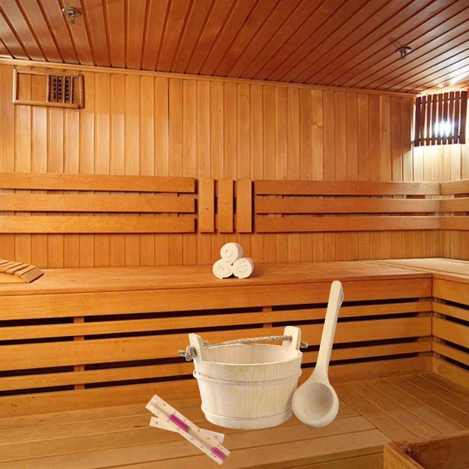 ถังซาวน่าไม้และทัพพีพร้อมอุปกรณ์อาบน้ํานาฬิกาทราย 15 นาทีอาบน้ําแบบพกพา 1