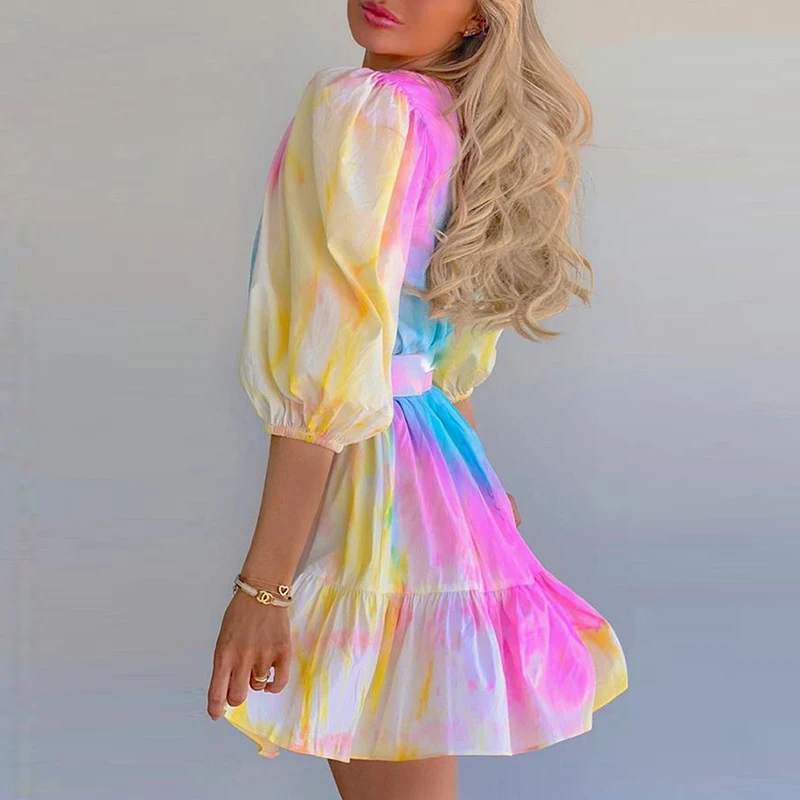 

Spring Fashion Tie-dyed A-line Mini Dress Chic Loose Half Sleeve Pleat Party Dress Elegant 2024 Women Crew Neck Colorful Dresses