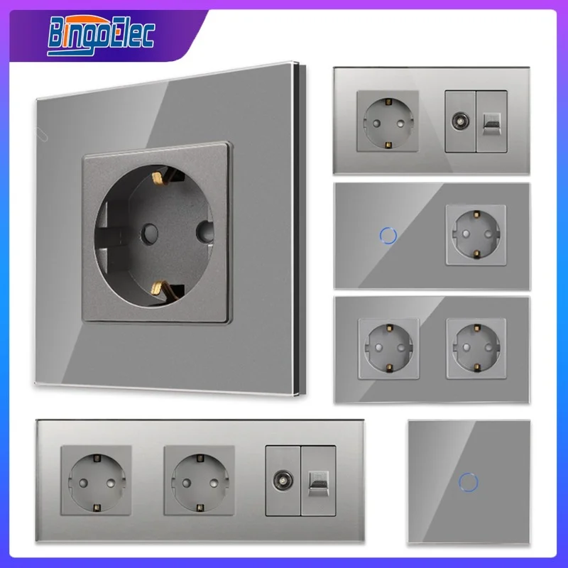 Bingoelec Cinza Cat6 Rj45 Soquete Interruptor de Toque Luz e Soquete com Painel Vidro Cristal Melhoria da Casa