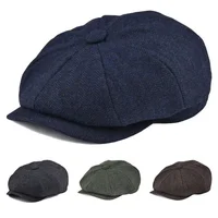 New Vintage Wool Tweed Navy Blue Herringbone Newsboy Cap unisex 8-Quarter PanelStyle Flat Caps Women Driver Beret Shelby hat