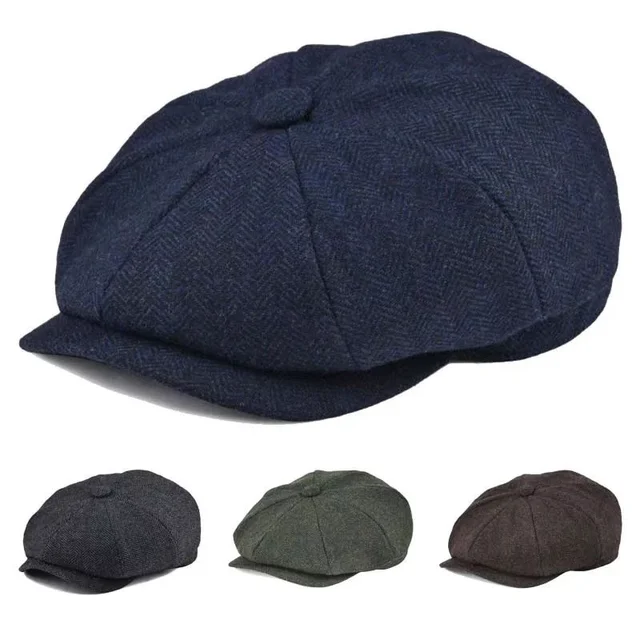 New Vintage Wool Tweed Navy Blue Herringbone Newsboy Cap unisex 8-Quarter PanelStyle Flat Caps Women Driver Beret Shelby hat