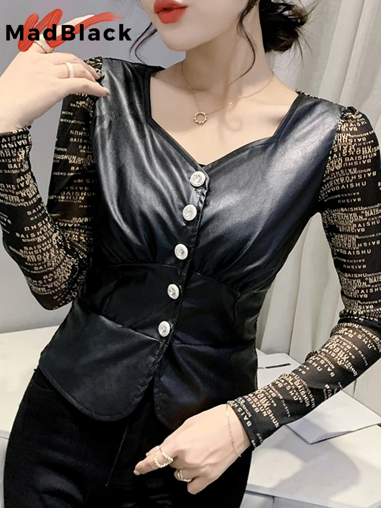 

Женские футболки MadBlack из искусственной кожи, пикантные сетчатые Лоскутные Топы на пуговицах, с длинным рукавом и надписью, эластичные футболки, T29903X, на осень