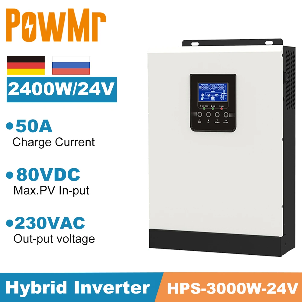 Powmr 3Kva/2400W Inverter Solare Ibrido A Onda Sinusoidale Pura Off Grid Con Regolatore Di Carica Solare Pwm 50A 24Vdc 220V Ac Inverter Solare