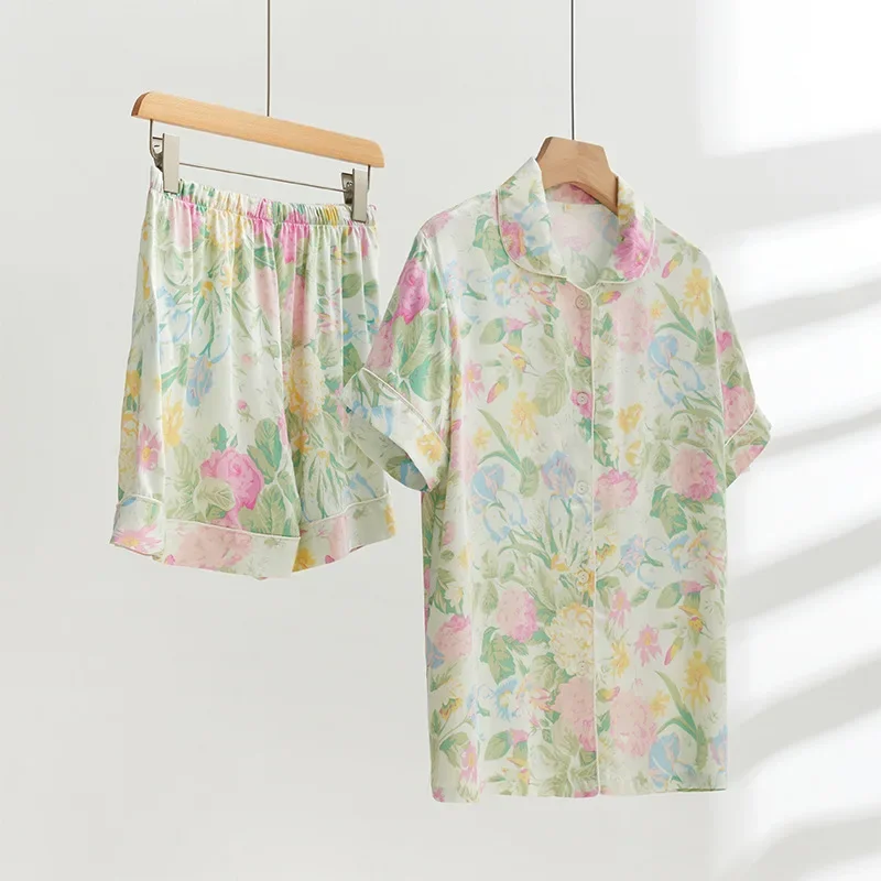 

Модные пижамные комплекты с цветочным принтом с коротким рукавом для женщин Мягкие вискозные повседневные шорты одежда для сна летняя свободная Ночная одежда