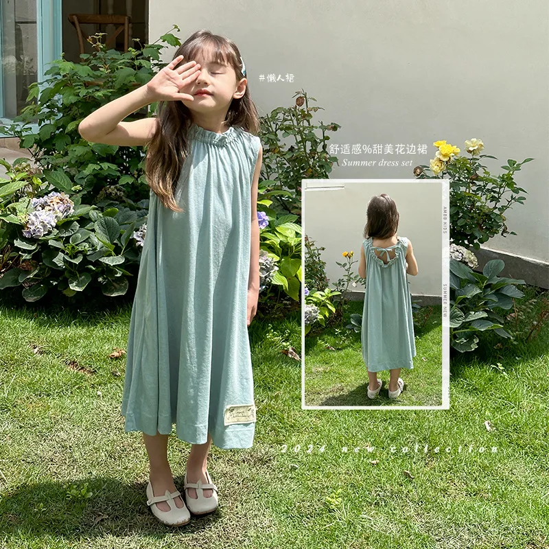 

Children Clothing Girls Comfortable Dress 2024 Summer Baby Sweet Lace Fashionable Casual Simple Solid Color Girls Sundress