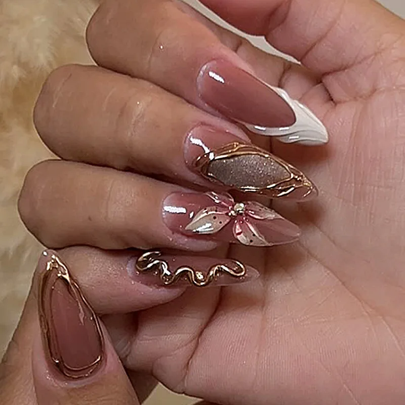24개 버건디 아몬드 모양 가짜 손톱, 3D 실버 나비 장미꽃 진주 장식, 여성용 프레스온 네일 아트