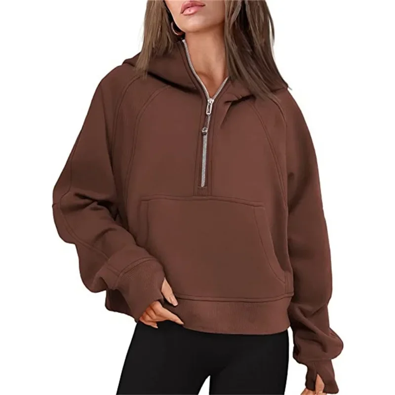 Oversized Scuba Half-Zip Hoodie Waist Length Jackets Sweatshirts Soft Thumbholes Leisure Yoga Coat for Winter images - 6